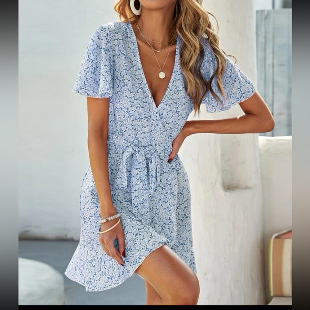 Blue and white floral belted wrap dress